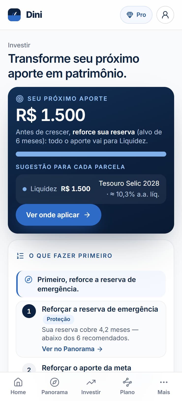 Tela Investir do app Dini (exemplo ilustrativo): próximo aporte dividido por função, com a sugestão para cada parcela