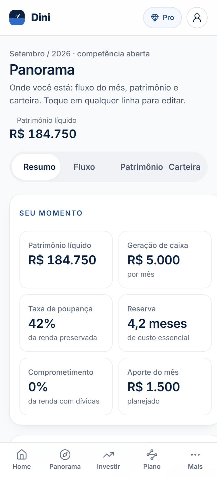 Tela Panorama do app Dini (exemplo ilustrativo): patrimônio líquido, geração de caixa e reserva em meses